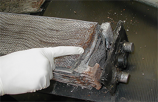 Example of what under-watering a forklift battery can cause.